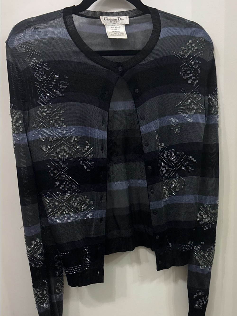 Dior SheerStriped Knit Cardigan beaded Black & Gray with design detail size 4